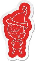 pegatina de dibujos animados feliz de una chica en vestido de cóctel con sombrero de santa vector
