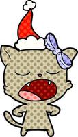 comic book style illustration of a yawning cat wearing santa hat vector