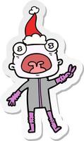 sticker cartoon of a weird alien waving wearing santa hat vector