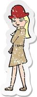 retro distressed sticker of a cartoon female spy vector