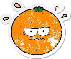 distressed sticker of a cartoon angry orange vector