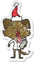 distressed sticker cartoon of a panting dog with clipboard wearing santa hat vector