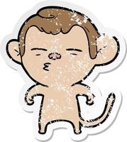 distressed sticker of a cartoon suspicious monkey vector