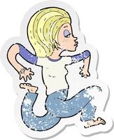 retro distressed sticker of a cartoon woman running vector