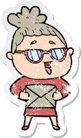 distressed sticker of a cartoon happy woman wearing spectacles vector