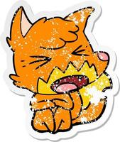 distressed sticker of a angry cartoon fox sitting on floor vector