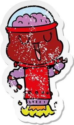distressed sticker of a happy cartoon robot flying