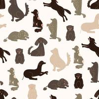 Vector seamless pattern with different dogs drawn in doodle style.