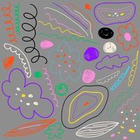 Set of abstract vector colors of waves, squiggles and seeds drawn in doodle style.