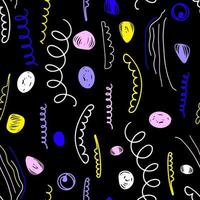 Seamless pattern of abstract vector colors of waves, squiggles and seeds drawn in doodle style.