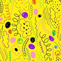 Seamless pattern of abstract vector colors of waves, squiggles and seeds drawn in doodle style.