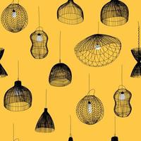 Seamless pattern with rattan lamps. Vector black and white illustration for creating a logo for an interior design studio or lighting studio.