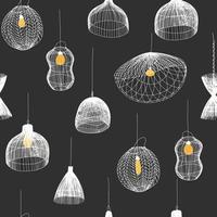 Seamless pattern with rattan lamps. Vector black and white illustration for creating a logo for an interior design studio or lighting studio.