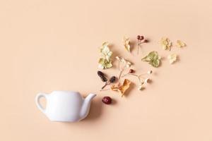 Composition made of dried leaves and flowers on pastel beige background. Autumn, fall concept. Flat lay, top view photo