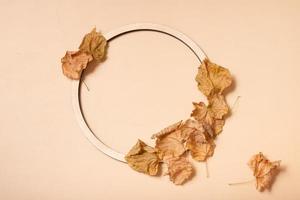 Autumn composition. Wreath made of dried leaves and wooden ring on pastel beige background. Autumn, fall concept. Flat lay, top view, copy space photo