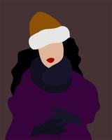 vector simple retrato de mujer de cabello negro con labios rojos en sombrero de invierno y guantes sobre fondo oscuro.