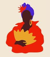 Vector simple portrait of black woman in turban with fan.