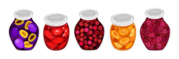 Vector collection of various jams, plum, strawberry, cherry, apricot and raspberry, in glass jars.