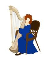 Harpist in bright long orange dress playing her instrument. Vector isolated illustration.