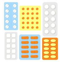 A set of pills in different packages vector