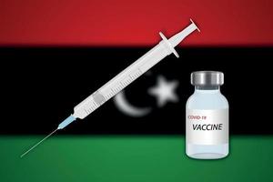 Syringe and vaccine vial on blur background with Libya flag, vector