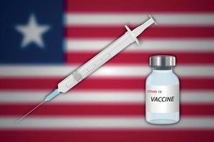 Syringe and vaccine vial on blur background with Liberia flag, vector