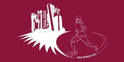 World Cup in Qatar in 2022 banner. Stylized Vector isolated illustration with football or soccer player with the ball on the background of the capital Doha skyline city with its skyscrapers.