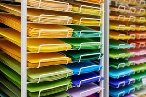 Colorful art papers on shelf display in stationery store photo