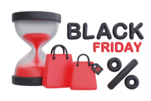 Black Friday Super Sale with shopping bags and Houseglass, Christmas and Happy New Year promotion, 3d rendering. png