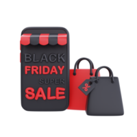 super venta de viernes negro con teléfono inteligente y bolsas de compras, promoción de navidad y feliz año nuevo, representación 3d. png