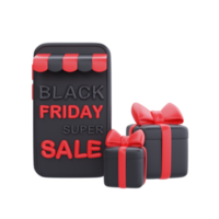 black friday super sale mit smartphone und geschenkboxen, weihnachts- und frohes neues jahr, 3d-rendering. png