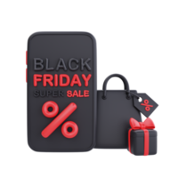 Black Friday Super Sale with smartphone and gift boxes, Christmas and Happy New Year promotion, 3d rendering. png