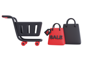 super venda de sexta-feira negra com carrinho de compras e sacolas, promoção de natal e feliz ano novo, renderização em 3d. png