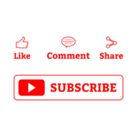 Red subscribe button PNG image with like, comment, and share icons. Social media icons PNG on a transparent background.