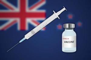 Syringe and vaccine vial on blur background with New Zealand fla vector
