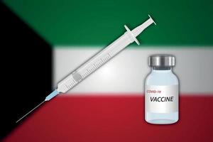 Syringe and vaccine vial on blur background with Kuwait flag vector