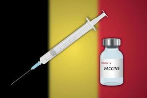 Jeringa y vial de vacuna sobre fondo borroso con bandera de Bélgica vector
