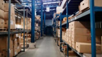 Passageway in a huge distribution warehouse with high shelves. Bottom view. warehouse background concept photo