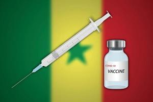 Syringe and vaccine vial on blur background with Senegal flag, vector