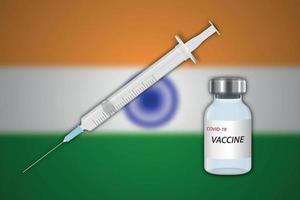 Syringe and vaccine vial on blur background with India flag vector