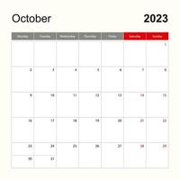 Wall calendar template for October 2023. Holiday and event planner, week starts on Monday. vector