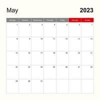 plantilla de calendario de pared para mayo de 2023. planificador de vacaciones y eventos, la semana comienza el lunes. vector