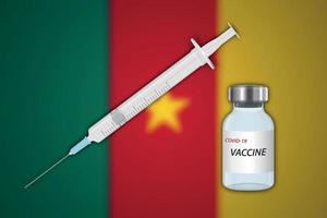 Syringe and vaccine vial on blur background with Cameroon flag, vector