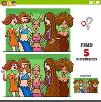 Juego educativo de diferencias con mujeres cómicas. vector