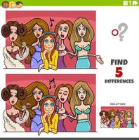 Juego educativo de diferencias con mujeres cómicas. vector