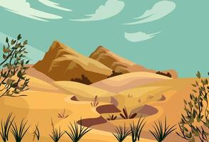 Desert landscape with rocks, tropical tree, grass and blooming cactuses. vector
