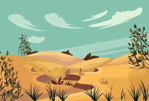 Desert landscape with rocks, tropical tree, grass and blooming cactuses. vector