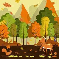 Autumn landscape drawing falling leaves reindeers icons vector