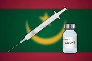 Syringe and vaccine vial on blur background with Mauritania flag vector