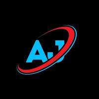 AJ A J letter logo design. Initial letter AJ linked circle uppercase monogram logo red and blue. AJ logo, A J design. aj, a j vector
